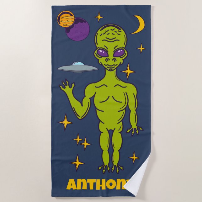 Toalla De Playa Alienígena espacial con Saucer volador personaliza (Anverso)
