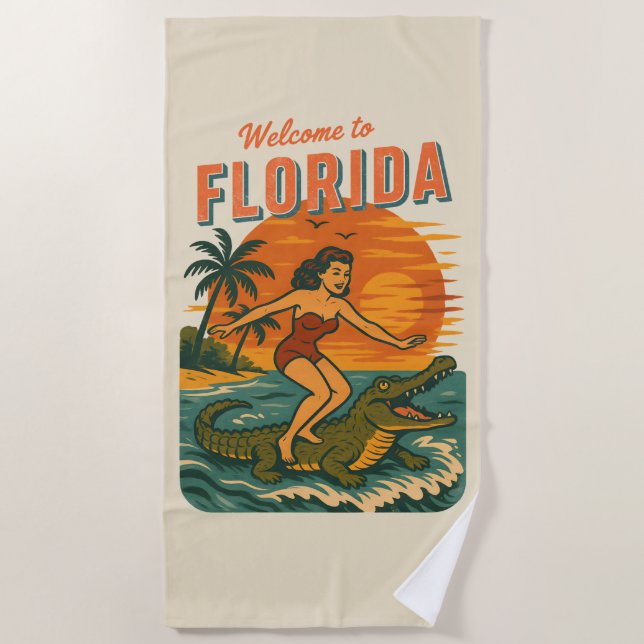 Toalla De Playa Alligator Surfing Beach Pin-up Retro Coastal Gator (Anverso)
