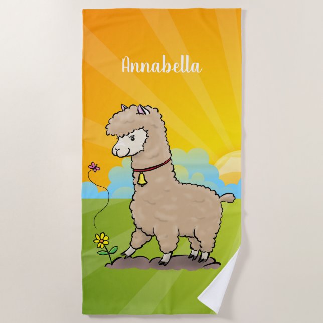 Toalla De Playa Alpaca feliz con personalizado de mariposa (Anverso)