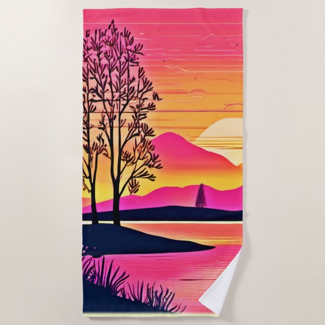 Toalla De Playa Amanecer dorado sobre arte de lago rosado (Anverso)