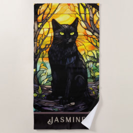 Toalla De Playa Amarillo de vidrio manchado de gato negro