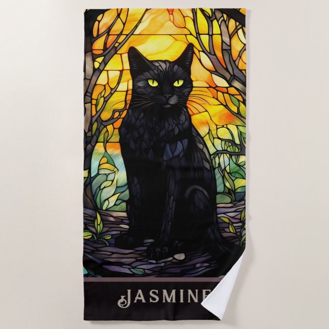 Toalla De Playa Amarillo de vidrio manchado de gato negro (Anverso)