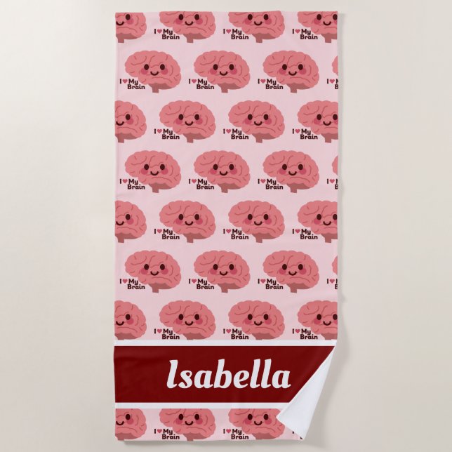 Toalla De Playa Amo Mi Cerebro - Cerebro sonriente lindo (Anverso)