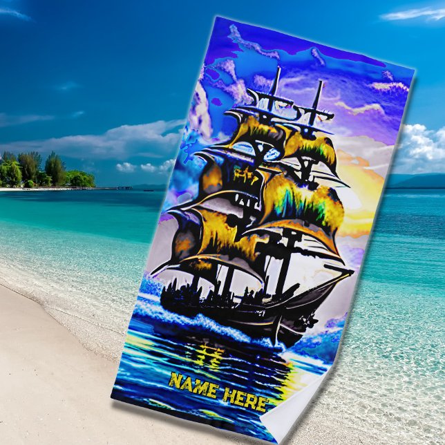 Toalla De Playa Añadir nombre, azul de velero pirata estilizado (Subido por el creador)