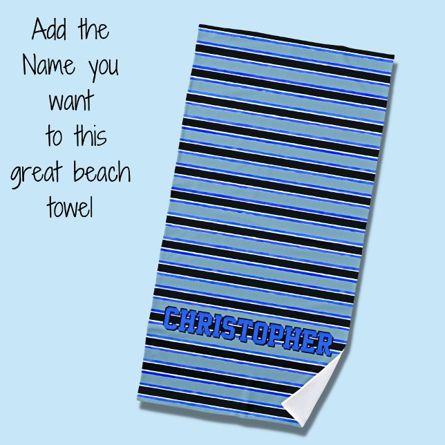 Toalla De Playa Añadir nombre, azul y franjas negras (Subido por el creador)
