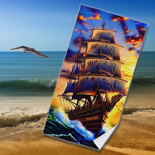 Toalla De Playa Añadir nombre, barco de vela pirata marrón en olas (Subido por el creador)
