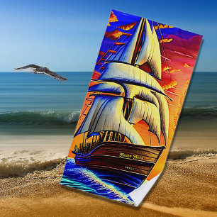 Toalla De Playa Añadir nombre, Barco de vela Pirata Marrón Estiliz
