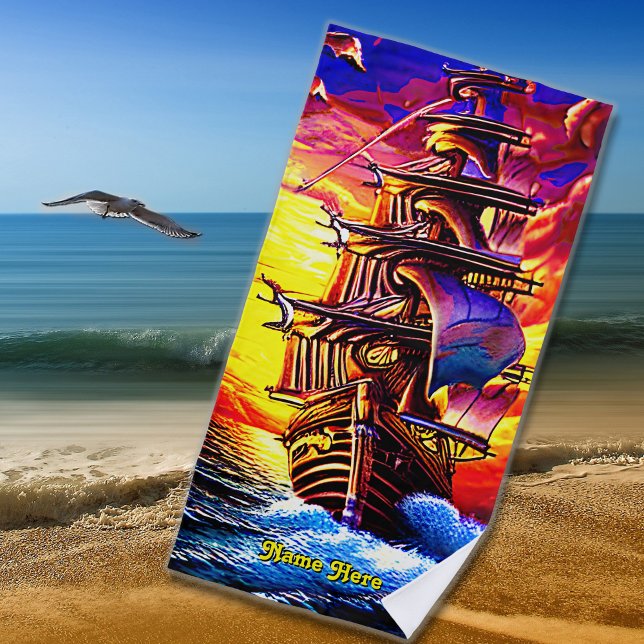 Toalla De Playa Añadir nombre, Barco de vela Pirata Marrón Estiliz (Subido por el creador)