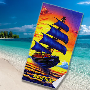 Toalla De Playa Añadir nombre, barco velero pirata azul estilizado