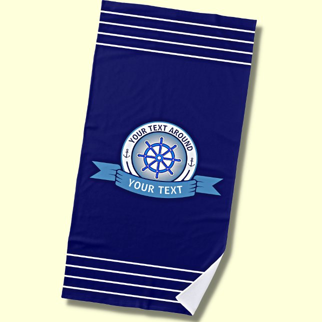 Toalla De Playa Añadir nombre de texto, rueda náutica azul blanca (Subido por el creador)