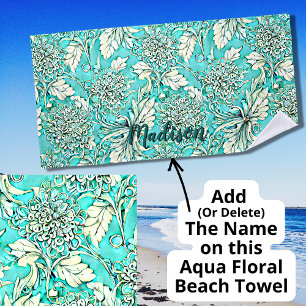 Toalla De Playa Añadir nombre, hermosa floral Verde azulada de luz