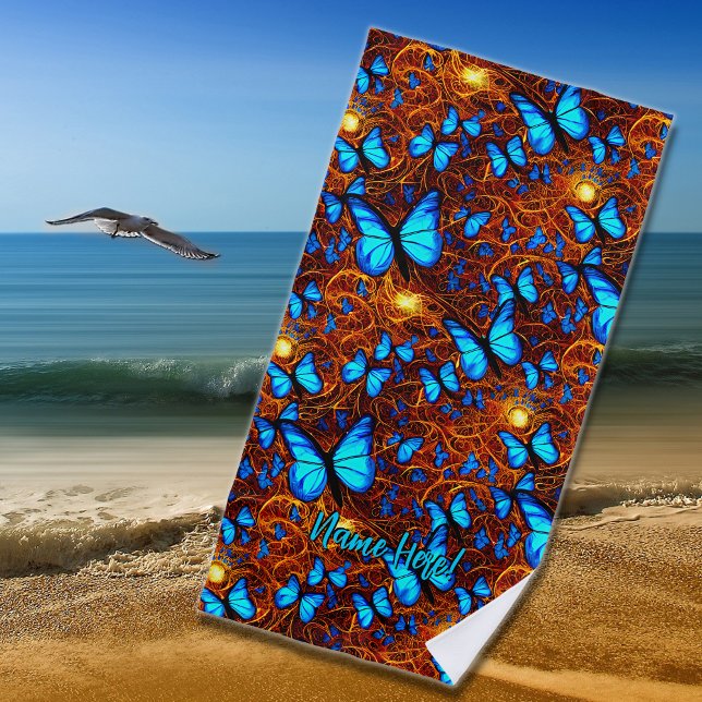 Toalla De Playa Añadir nombre, mariposas azules brillantes en agua (Subido por el creador)
