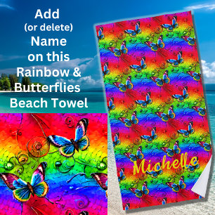 Toalla De Playa Añadir nombre, mariposas de color en el arco iris