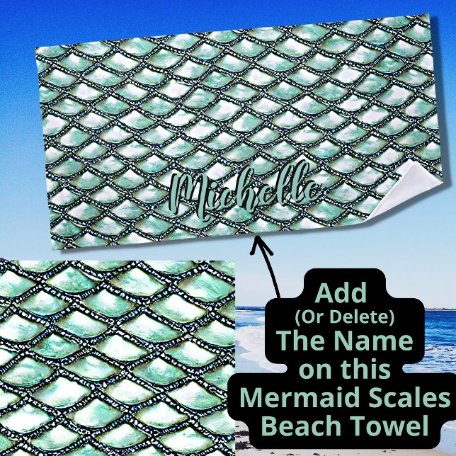 Toalla De Playa Añadir nombre, Mermaid Aqua Scales Pearl Silver Di (Subido por el creador)