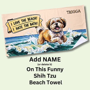 Toalla De Playa Añadir nombre, perro shih tzu corriendo en las ola