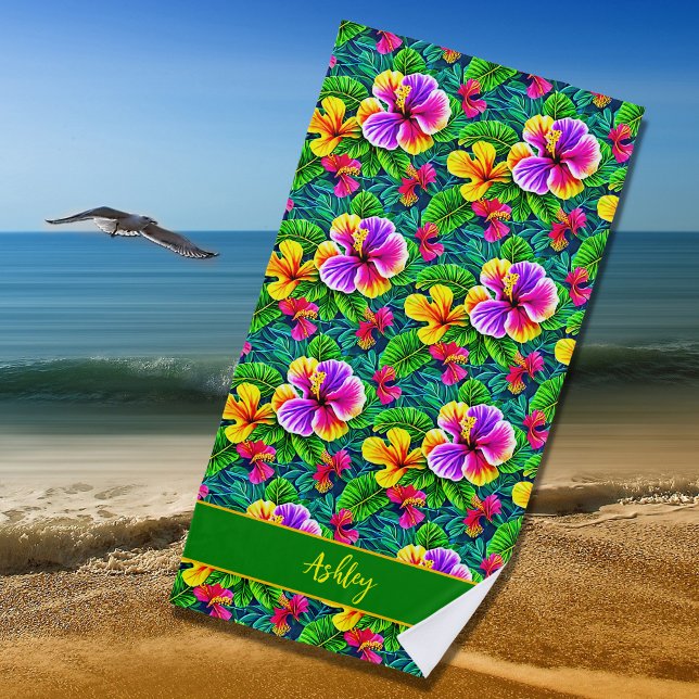 Toalla De Playa Añadir nombre texto tropical hibiscus flor jungla  (Subido por el creador)