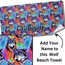 Toalla De Playa Añadir texto de nombre, cabeza de lobo sobre color
