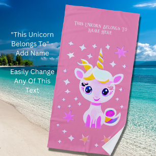Toalla De Playa Añadir texto de nombre, unicornio bebé con estrell
