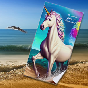 Toalla De Playa Añadir texto de nombre, unicornio caminando por el