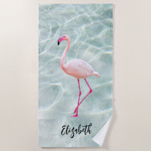 Toalla De Playa Añadir tu nombre - Arena tropical Flamingo rosa