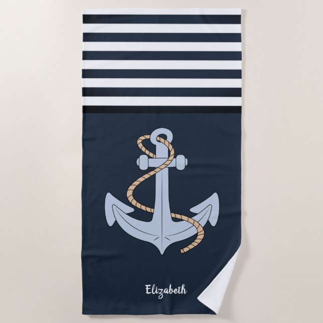 Toalla De Playa Anchor Nautical Navy Blue Stried (Anverso)