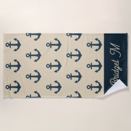 Toalla De Playa Ancla azul marino con costa monogramo beige