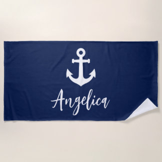 Toalla De Playa Ancla azul marino y blanca personalizada