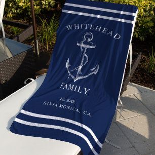 Toalla De Playa Ancla de familia personalizada azul marino náutico