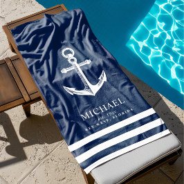 Toalla De Playa Ancla de tema náutico | Nombre personalizado