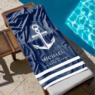 Toalla De Playa Ancla de tema náutico | Nombre personalizado