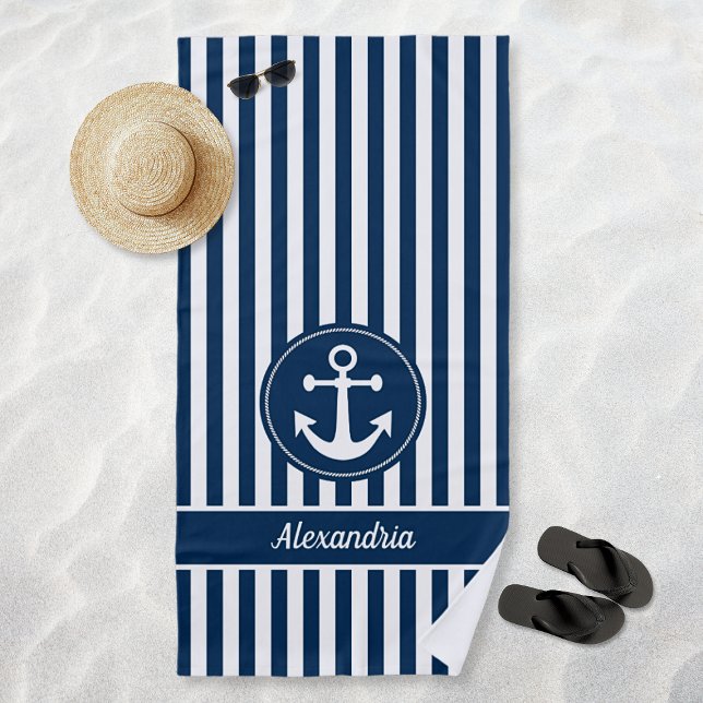 Toalla De Playa Ancla Náutica con Cuerda Rayas Azul Marino (Personalized Nautical Anchor with Rope Navy Blue Stripes Beach Towel)