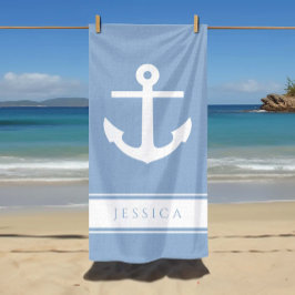 Toalla De Playa Ancla Náutica Nombre Personalizado Azul Polvo 