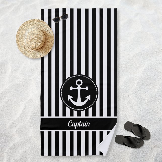 Toalla De Playa Ancla náutica Rope Black White Stripes Personaliza (Nautical Anchor Rope Black White Stripes Custom Beach Towel)