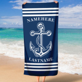 Toalla De Playa Anclaje azul y blanco con texto de nombre personal