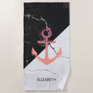 Toalla De Playa Anclaje blanco de mármol blanco y negro
