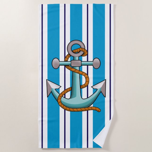 Toalla De Playa Anclaje de franja blanca azul Nautical (Anverso)