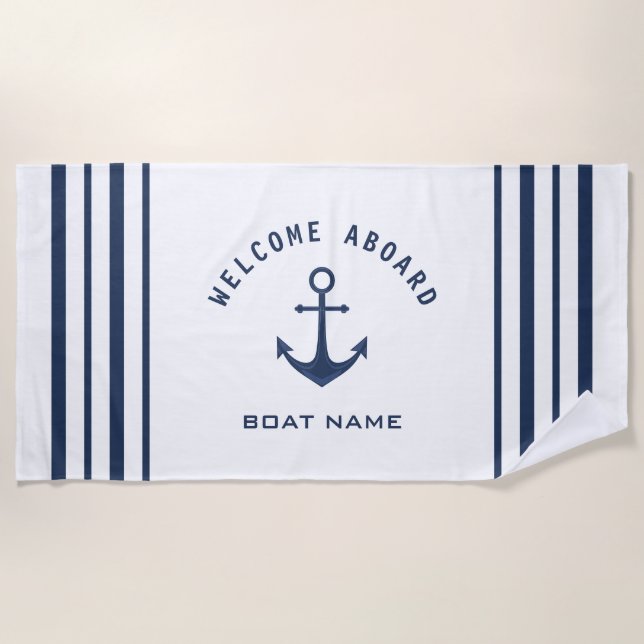 Toalla De Playa Anclaje de nombre del barco con la bienvenida azul (Anverso)