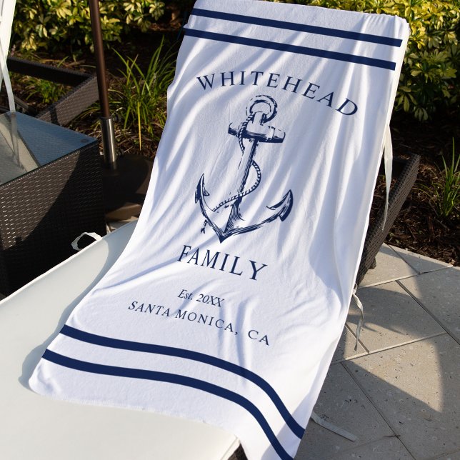 Toalla De Playa Anclaje familiar de Personalizado blanco nautico (Nautical anchor personalized family towel with established date, last name and location.)