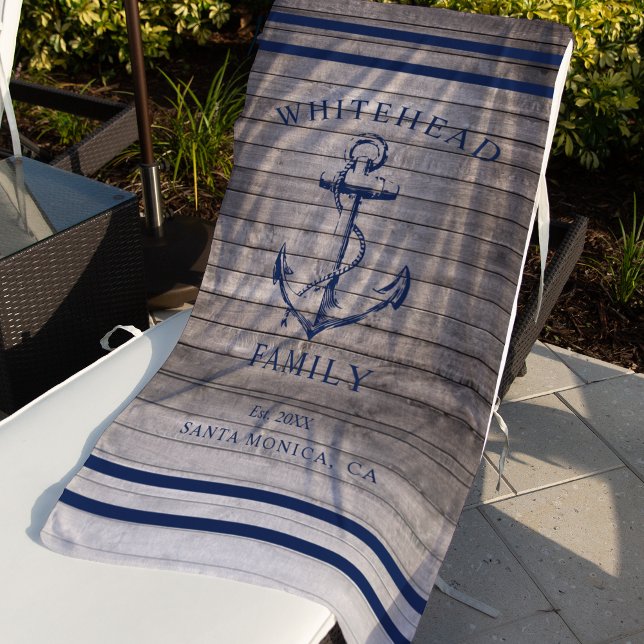 Toalla De Playa Anclaje familiar de Personalizado de madera náutic (Nautical anchor custom family vacation towel. Personalize each towel with your details.)