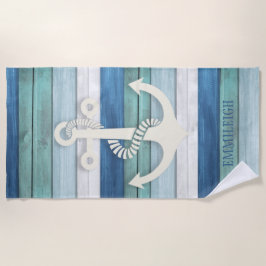 Toalla De Playa Anclaje Nautical Blue Turquoise White Wood