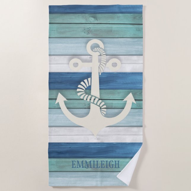 Toalla De Playa Anclaje Nautical Blue Turquoise White Wood (Anverso)