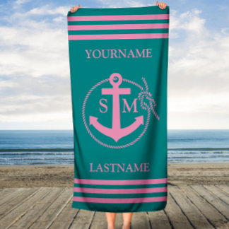 Toalla De Playa Anclaje náutico rosado Verde azulado monogramado