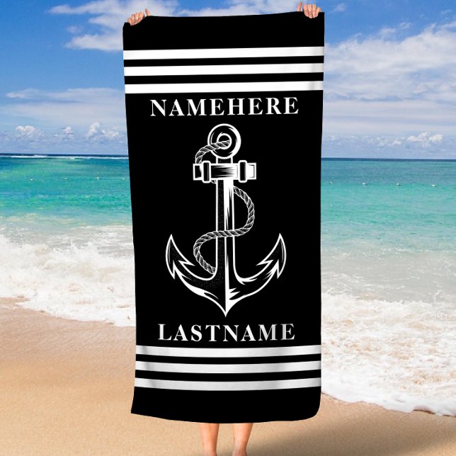 Toalla De Playa Anclaje negro y tiras Nombre o texto personalizado (Black Anchor and Stripes Custom Name or Text Beach Towel)