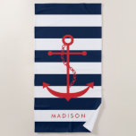 Toalla De Playa Anclaje rojo monogramado en franjas de la marina<br><div class="desc">Diseño náutico elegante y de moda con forma de ancla sobre un fondo de rayas horizontales que se pueden personalizar con el monograma,  nombre o texto que usted elija.</div>