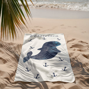 Toalla De Playa Anclas de Azul Marino Blanco Ballena Kawaii Monada