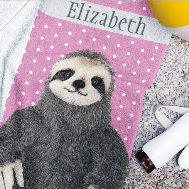 Toalla de playa animal con nombre Verde azulado y  (A one of a kind beach towel featuring an adorable sloth.)