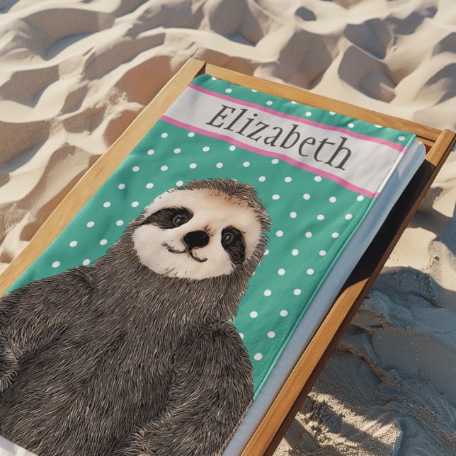 Toalla De Playa Animales con nombre Verde azulado esloth y adorabl (Cute Sloth Vacation Beach Party Animal Towel)