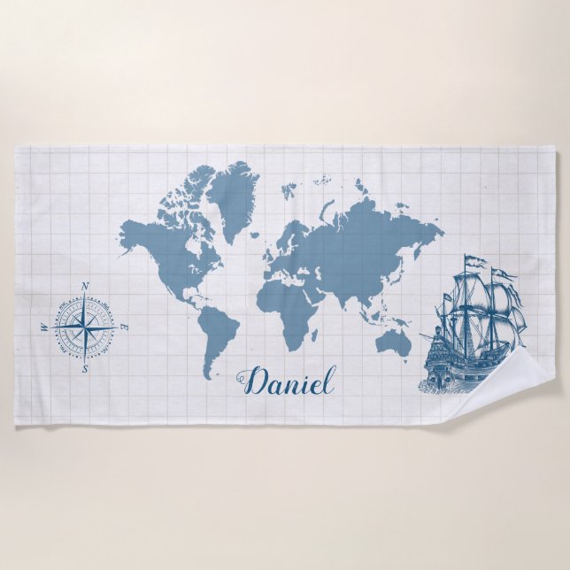 Toalla De Playa Antiguo barco de vela con nombre (Anverso)