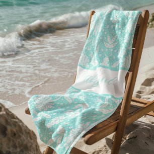 Toalla De Playa Aqua Blue Floral Personalizado Estilo William Morr