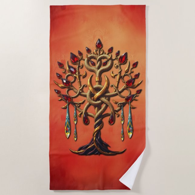 Toalla De Playa Árbol dorado de la vida con piedras preciosas roja (Anverso)